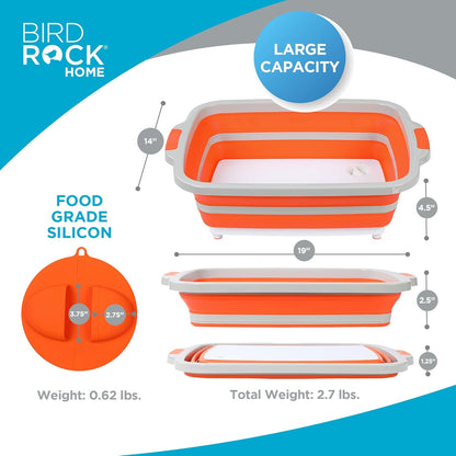 Collapsible Food Prep & Cutting Board and Grill Caddy Tub with Colander & Lid | Multifunctional Kitchen Vegetable Washing Basket | Silicone Dish Tub for BBQ, Picnic, Tailgate and Camping