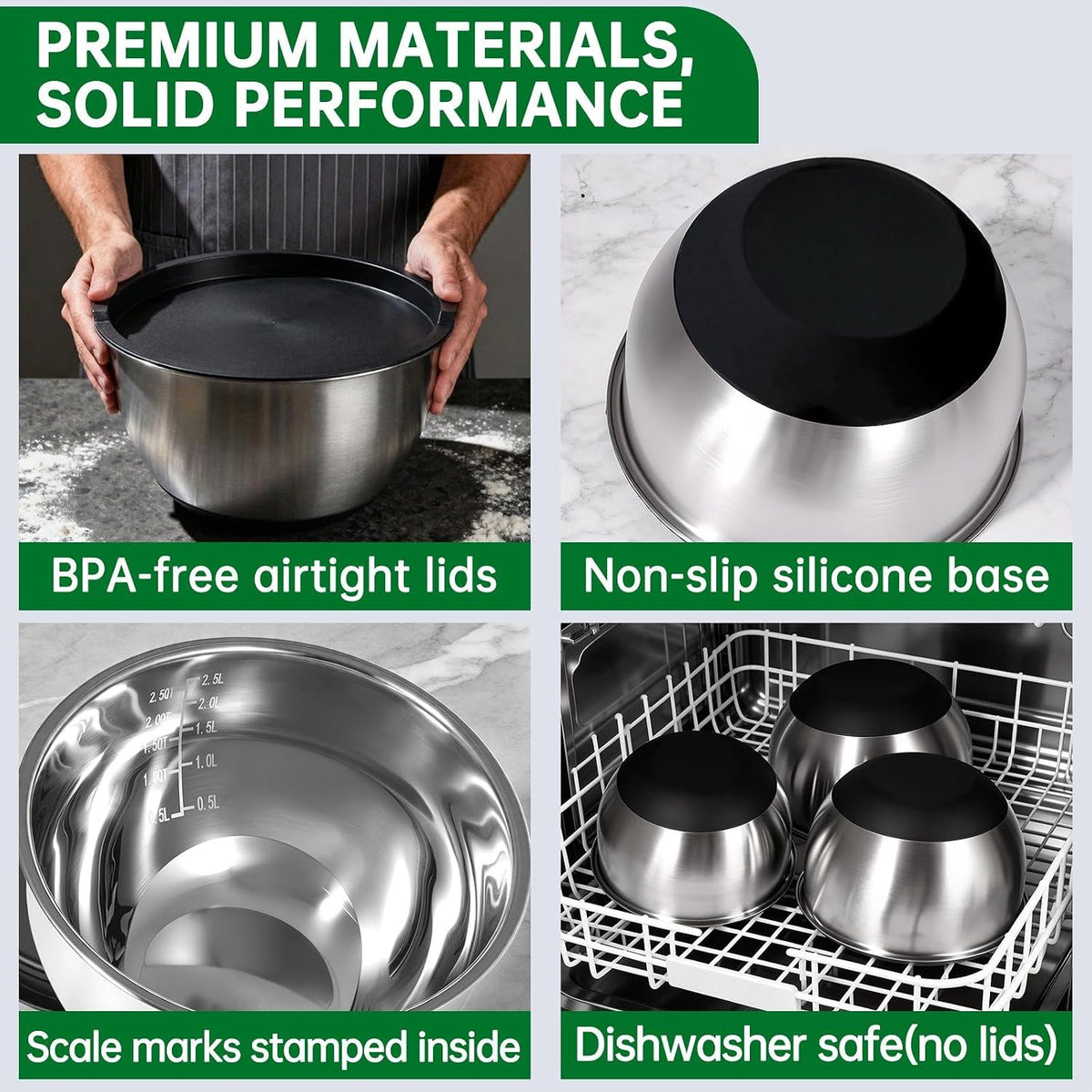 Mixing Bowls with Airtight Lids, Stainless Steel Mixing Bowls Set