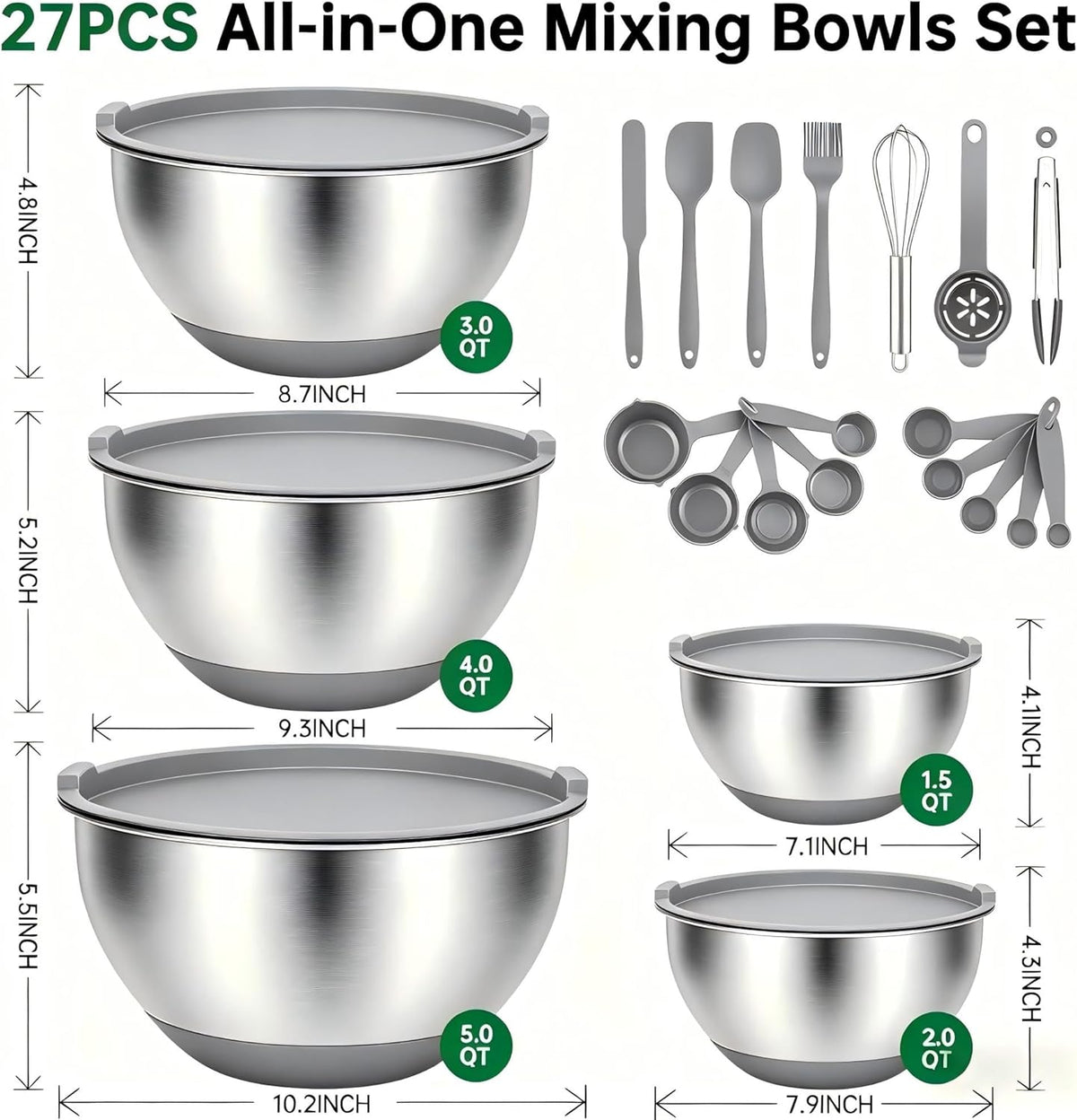 Mixing Bowls with Airtight Lids, Stainless Steel Mixing Bowls Set