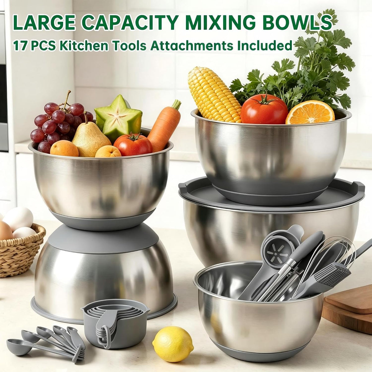 Mixing Bowls with Airtight Lids, Stainless Steel Mixing Bowls Set