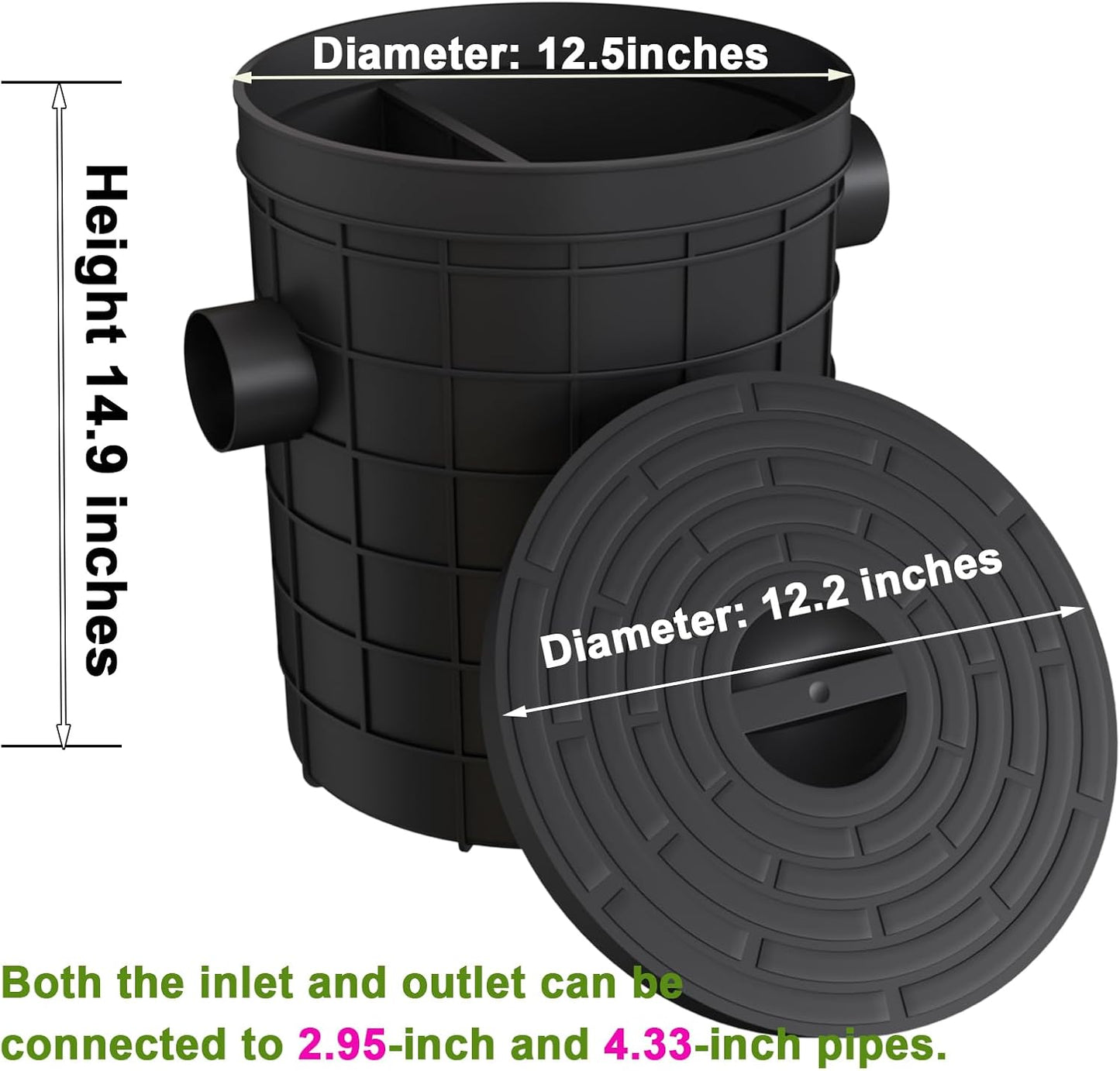 Grease Trap Commercial, Lightweight PE Plastic Grease Interceptor Trap Side Inlet Waste Oil Water Separator for Kitchen Sink Restaurant Wastewater Easy Install (Round-315-110-110)