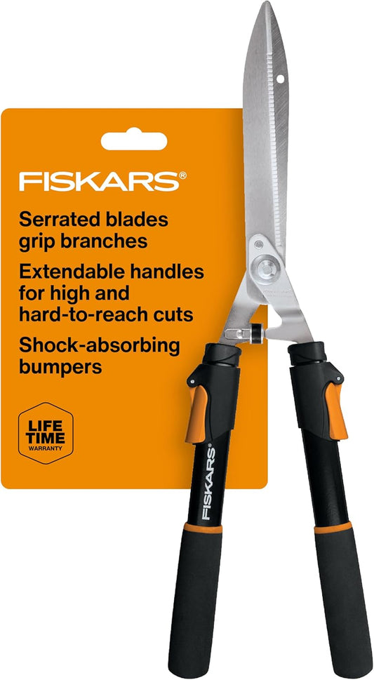 Power-Lever Extendable Hedge Shears, Self-Sharpening Serrated Steel Blades for Clean Cuts, Handles Adjust 25"-33" for High Reach, Multiplies Leverage for 2x Power, 10" Blades, Orange/Black