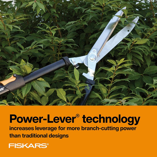 Power-Lever Extendable Hedge Shears, Self-Sharpening Serrated Steel Blades for Clean Cuts, Handles Adjust 25"-33" for High Reach, Multiplies Leverage for 2x Power, 10" Blades, Orange/Black