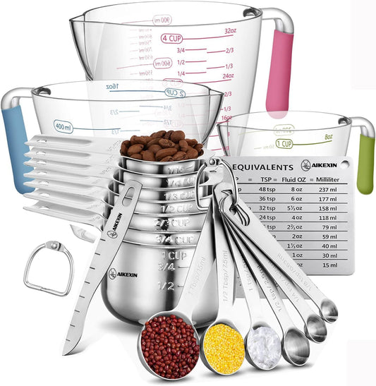 20 PCS Measuring Cups & Spoons Set, for Cooking & Baking Gadgets | 18/10 Stainless Steel, Metal Material | Nesting, Stackable Design | Dry & Liquid | Plastic | Leveler, Conversion Chart