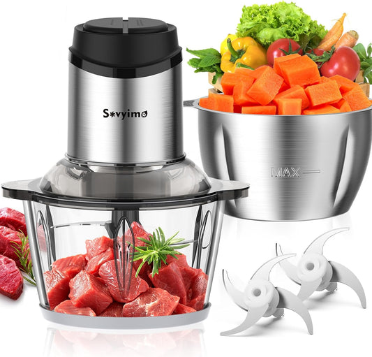 Food Processor, 2‑Speed Electric Food Chopper & Small Meat Grinder | With 8Cup Stainless & 8Cup Glass Bowls, 2 Bi-Level Blades&. Great for Onion, Baby Food, Garlic, Nuts, Fruit, and Vegetables.