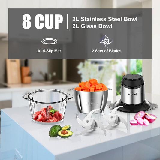 Food Processor, 2‑Speed Electric Food Chopper & Small Meat Grinder | With 8Cup Stainless & 8Cup Glass Bowls, 2 Bi-Level Blades&. Great for Onion, Baby Food, Garlic, Nuts, Fruit, and Vegetables.