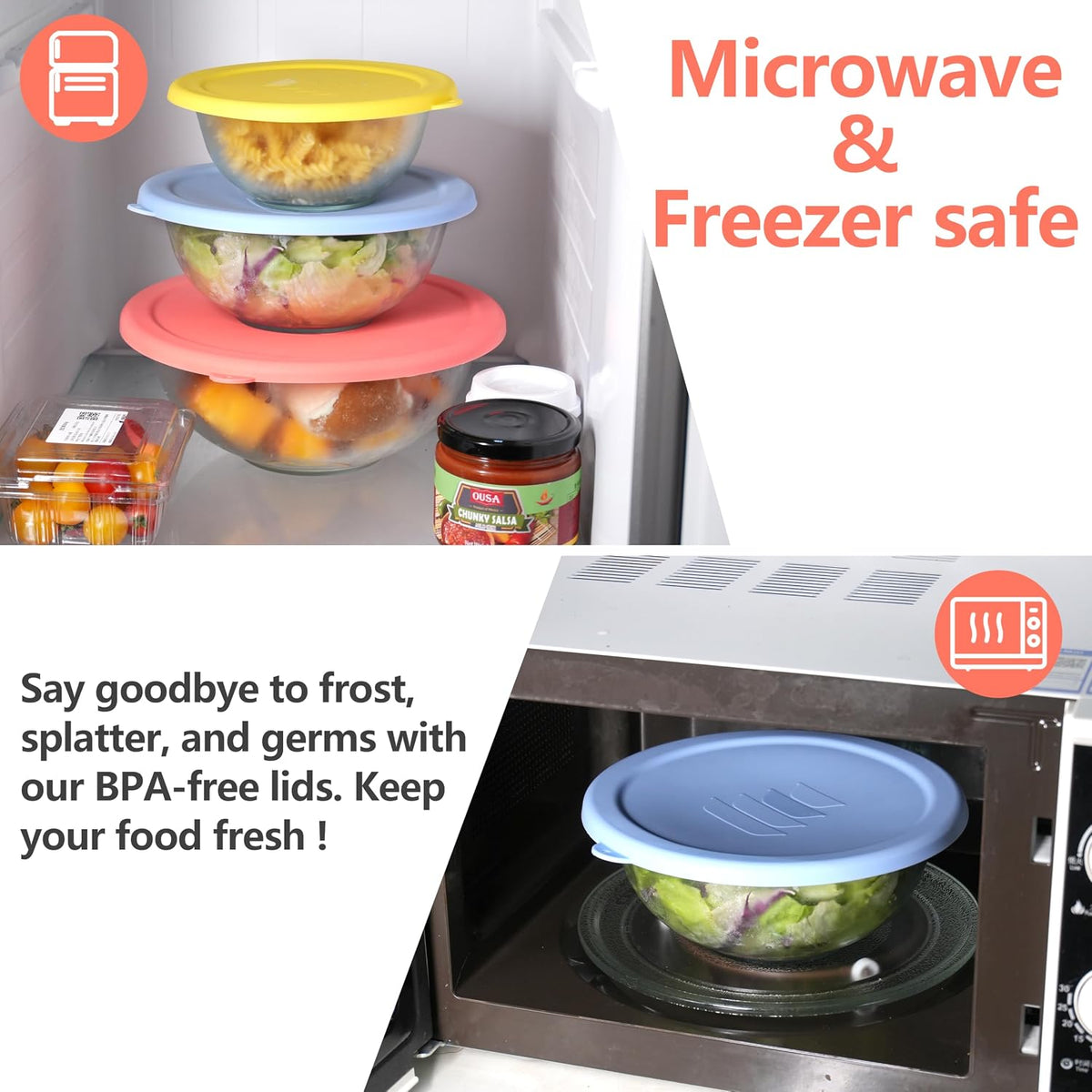 Silicone Replacement Lids Only Fit for Pyrex 322 1 Quart | 323 1.5 Quart | 325 2.5 Quart Prepware Glass Mixing Bowls, Food Grade Silicone Cover, Dishwasher & Microwave Safe (Bowl not included)