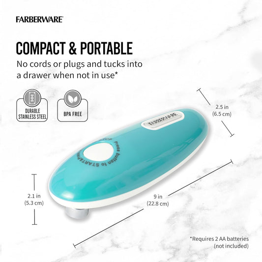 Battery Operated Can Opener, Aqua - Electric Can Opener with Polished Chrome Head, Built-In Bottle Opener, and Soft Grip Knob for Easy One-Touch Operation