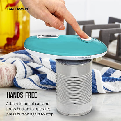 Battery Operated Can Opener, Aqua - Electric Can Opener with Polished Chrome Head, Built-In Bottle Opener, and Soft Grip Knob for Easy One-Touch Operation