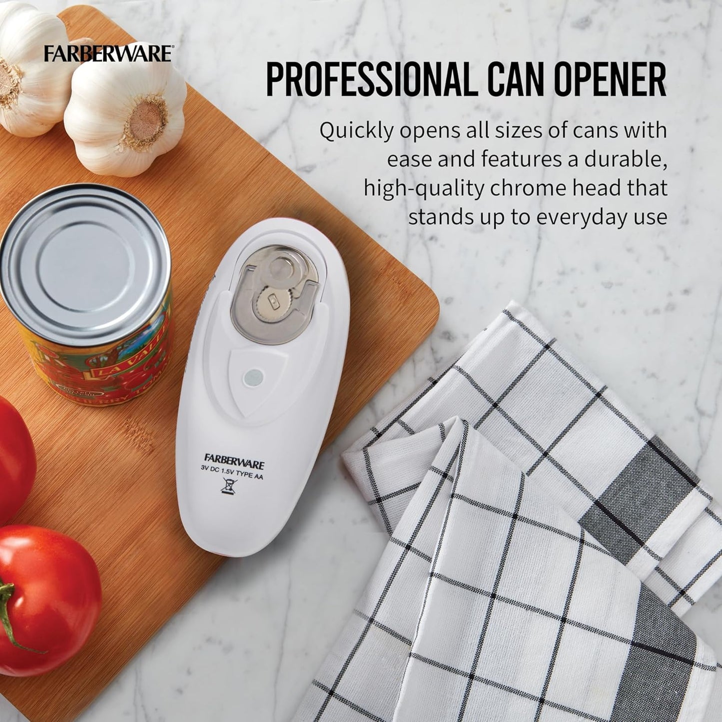 Battery Operated Can Opener, Aqua - Electric Can Opener with Polished Chrome Head, Built-In Bottle Opener, and Soft Grip Knob for Easy One-Touch Operation