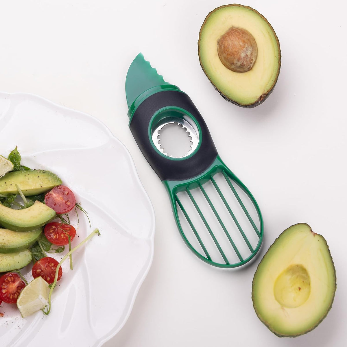 Avocado Slicer Tool Kitchen Avocado Knife Set, Good Grips 3-in-1 Avocado Tool with Avocado cutter slicer, Avocado Pit Remover, Avocado Peeler with Cover, Green
