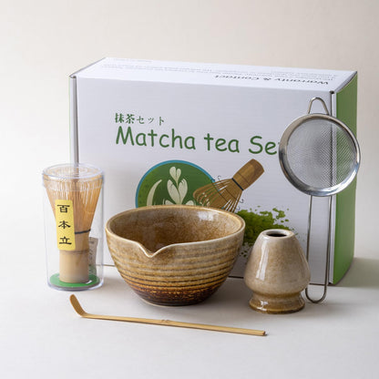 Traditional Matcha Tea Ceremony Set with Ceramic Bowl, Bamboo Whisk, Stand and Strainer, 5-Piece (yellow)