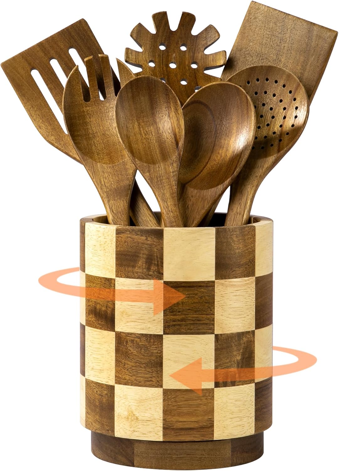 Wooden Utensil Holder, 360°Rotating Checkered Kitchen Utensil Holder | 7.2" Acacia Wood Utensil Holder for Countertop, Non-Slip Feet, Cooking Spatula Holder, Checkered Kitchen Decor, Gift Box