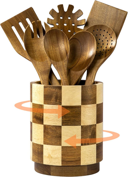 Wooden Utensil Holder, 360°Rotating Checkered Kitchen Utensil Holder | 7.2" Acacia Wood Utensil Holder for Countertop, Non-Slip Feet, Cooking Spatula Holder, Checkered Kitchen Decor, Gift Box