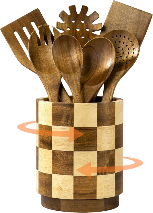 Wooden Utensil Holder, 360°Rotating Checkered Kitchen Utensil Holder | 7.2" Acacia Wood Utensil Holder for Countertop, Non-Slip Feet, Cooking Spatula Holder, Checkered Kitchen Decor, Gift Box