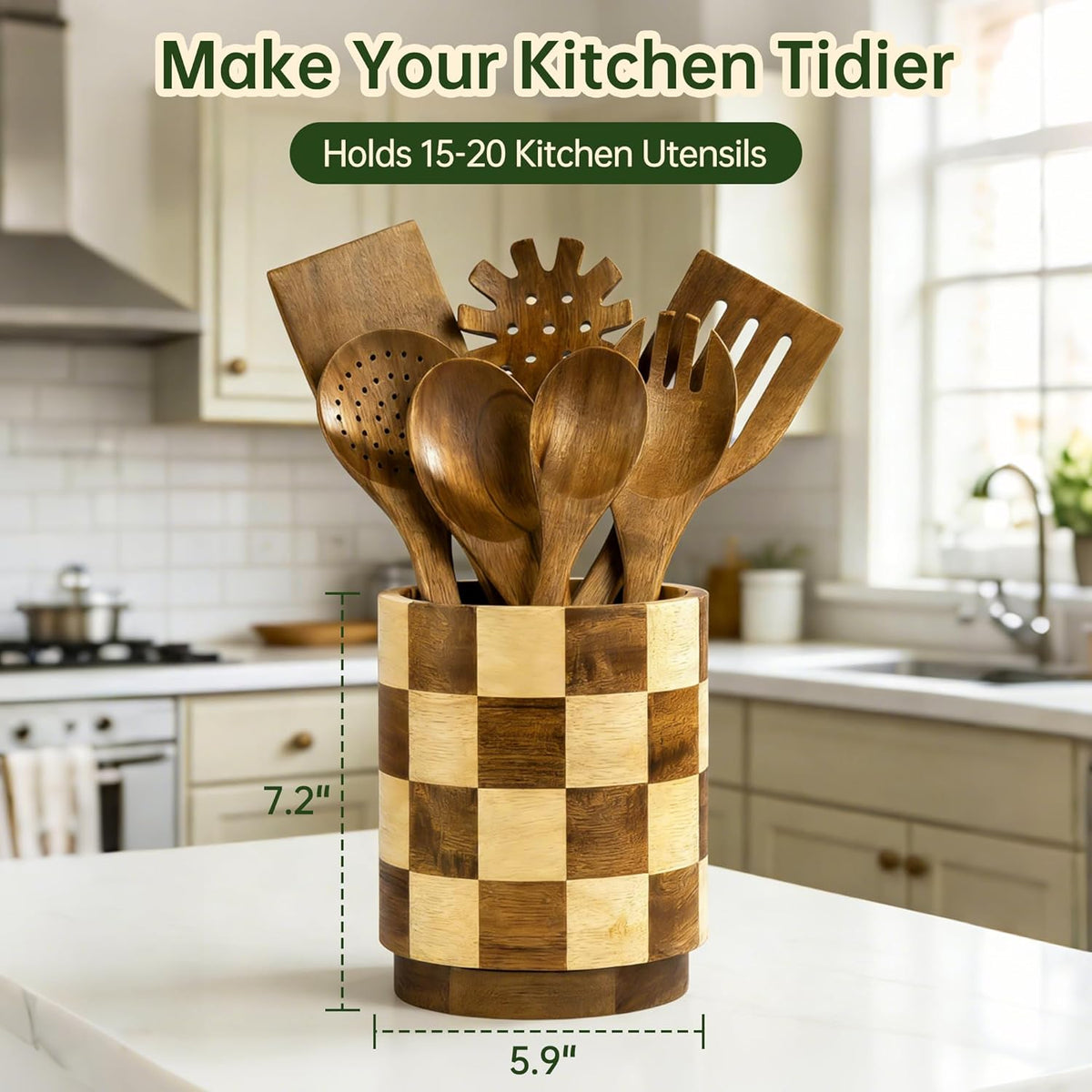 Wooden Utensil Holder, 360°Rotating Checkered Kitchen Utensil Holder | 7.2" Acacia Wood Utensil Holder for Countertop, Non-Slip Feet, Cooking Spatula Holder, Checkered Kitchen Decor, Gift Box
