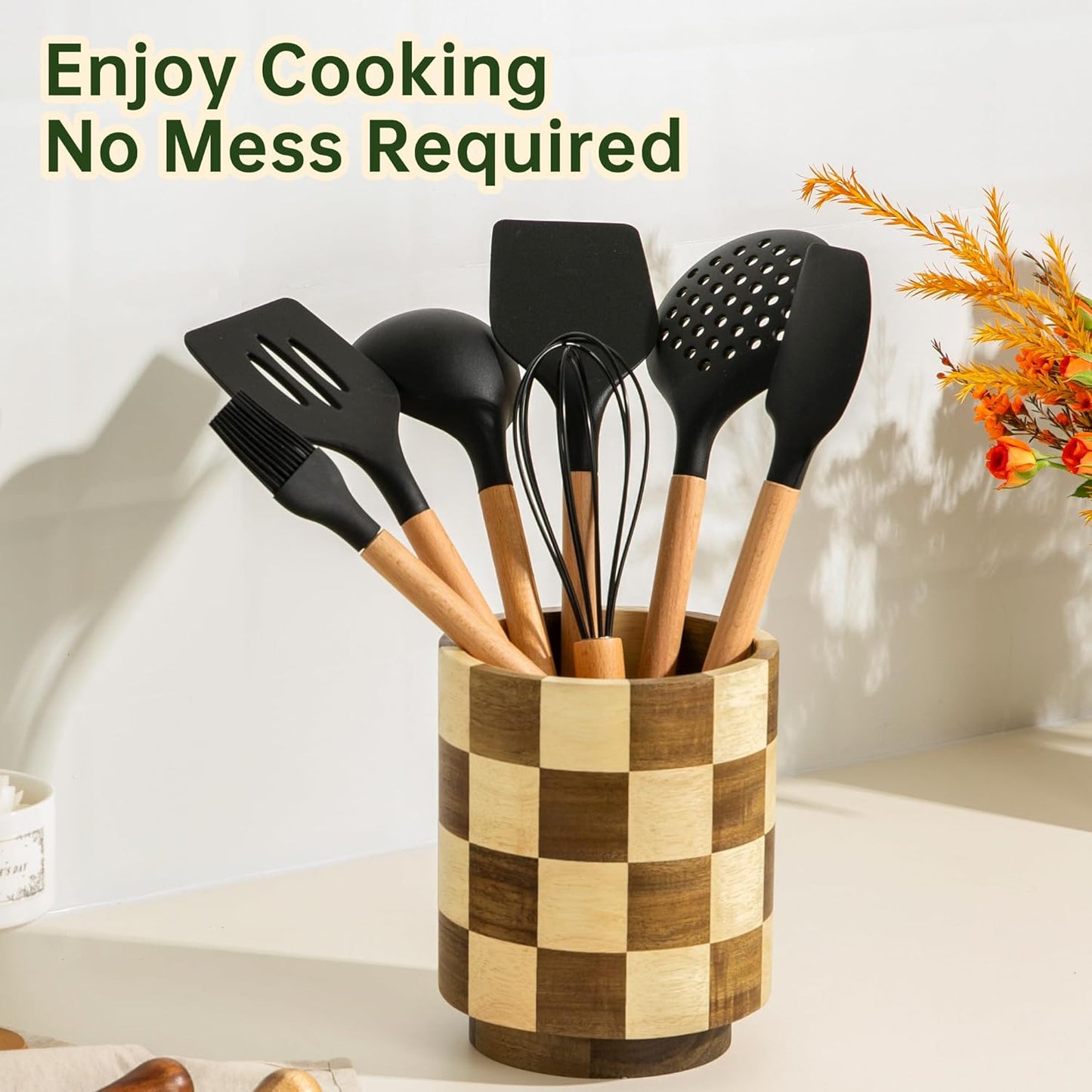 Wooden Utensil Holder, 360°Rotating Checkered Kitchen Utensil Holder | 7.2" Acacia Wood Utensil Holder for Countertop, Non-Slip Feet, Cooking Spatula Holder, Checkered Kitchen Decor, Gift Box