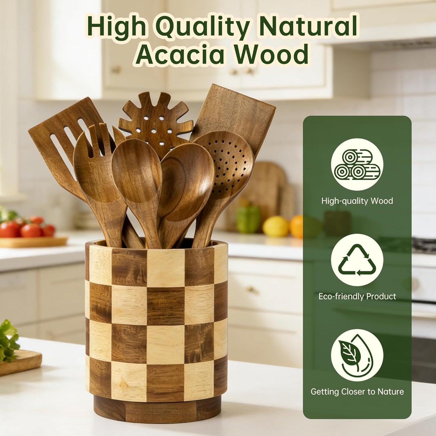 Wooden Utensil Holder, 360°Rotating Checkered Kitchen Utensil Holder | 7.2" Acacia Wood Utensil Holder for Countertop, Non-Slip Feet, Cooking Spatula Holder, Checkered Kitchen Decor, Gift Box