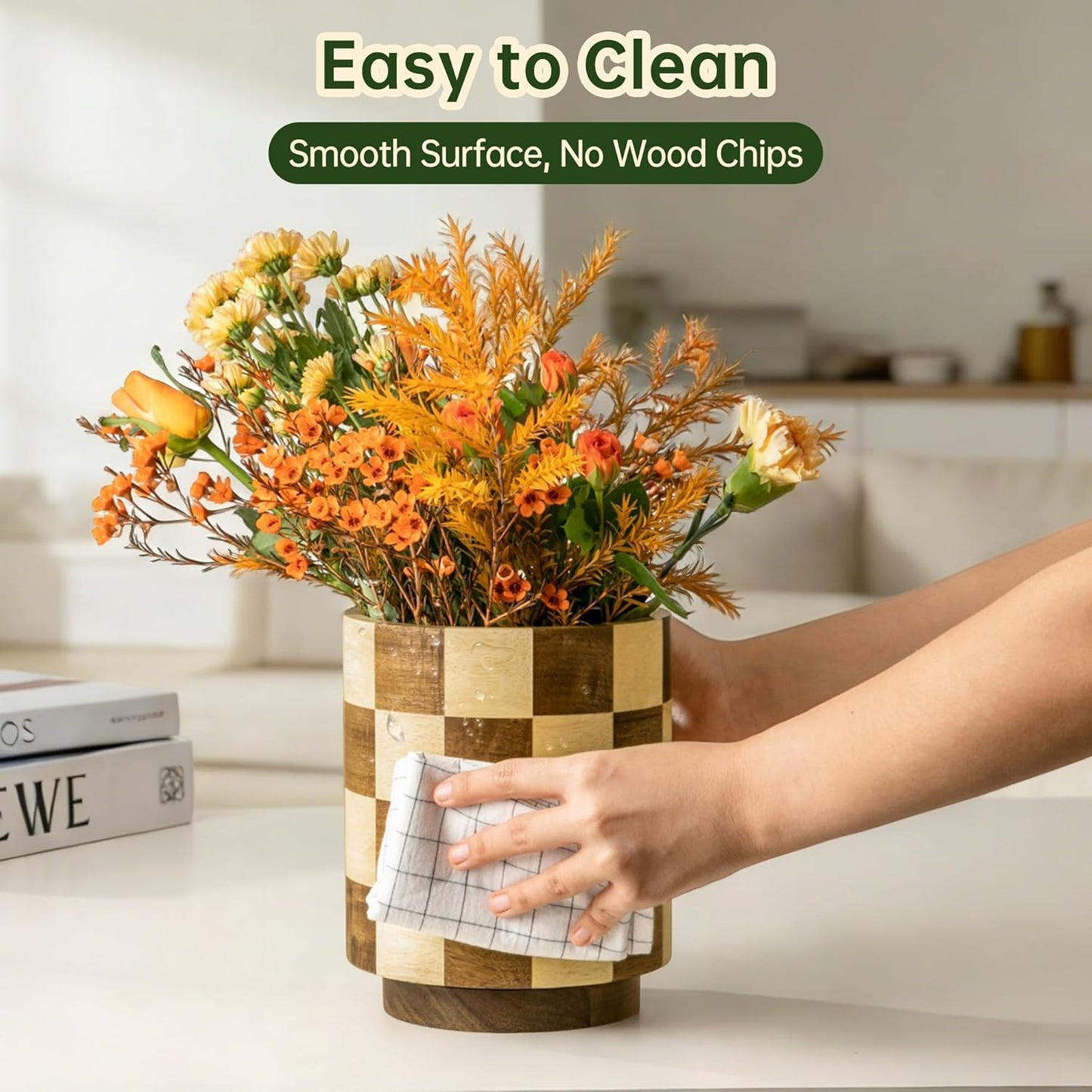 Wooden Utensil Holder, 360°Rotating Checkered Kitchen Utensil Holder | 7.2" Acacia Wood Utensil Holder for Countertop, Non-Slip Feet, Cooking Spatula Holder, Checkered Kitchen Decor, Gift Box