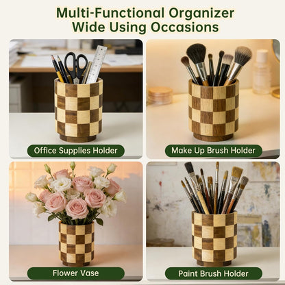 Wooden Utensil Holder, 360°Rotating Checkered Kitchen Utensil Holder | 7.2" Acacia Wood Utensil Holder for Countertop, Non-Slip Feet, Cooking Spatula Holder, Checkered Kitchen Decor, Gift Box