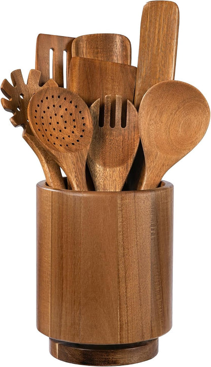 Wooden Utensil Holder, 360°Rotating Checkered Kitchen Utensil Holder | 7.2" Acacia Wood Utensil Holder for Countertop, Non-Slip Feet, Cooking Spatula Holder, Checkered Kitchen Decor, Gift Box