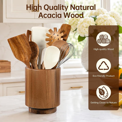 Wooden Utensil Holder, 360°Rotating Checkered Kitchen Utensil Holder | 7.2" Acacia Wood Utensil Holder for Countertop, Non-Slip Feet, Cooking Spatula Holder, Checkered Kitchen Decor, Gift Box