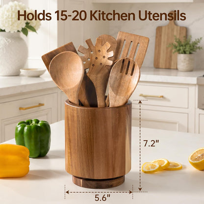 Wooden Utensil Holder, 360°Rotating Checkered Kitchen Utensil Holder | 7.2" Acacia Wood Utensil Holder for Countertop, Non-Slip Feet, Cooking Spatula Holder, Checkered Kitchen Decor, Gift Box