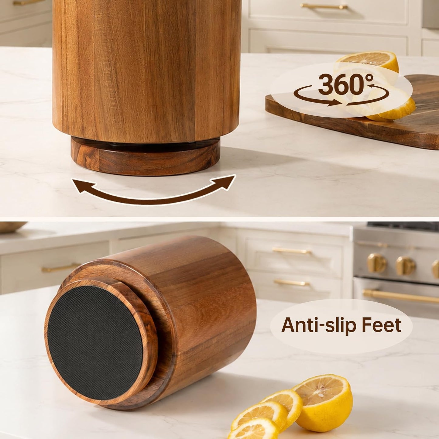 Wooden Utensil Holder, 360°Rotating Checkered Kitchen Utensil Holder | 7.2" Acacia Wood Utensil Holder for Countertop, Non-Slip Feet, Cooking Spatula Holder, Checkered Kitchen Decor, Gift Box