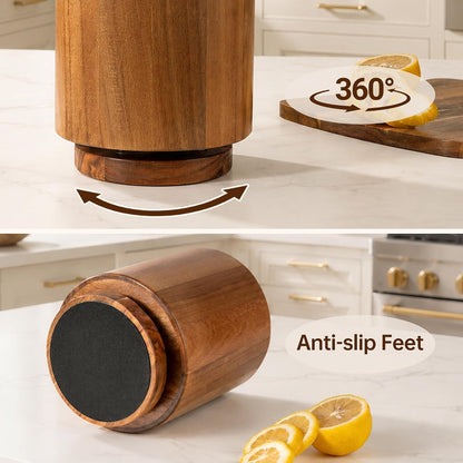 Wooden Utensil Holder, 360°Rotating Checkered Kitchen Utensil Holder | 7.2" Acacia Wood Utensil Holder for Countertop, Non-Slip Feet, Cooking Spatula Holder, Checkered Kitchen Decor, Gift Box