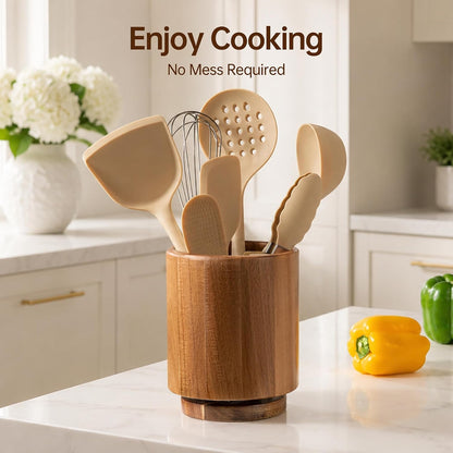 Wooden Utensil Holder, 360°Rotating Checkered Kitchen Utensil Holder | 7.2" Acacia Wood Utensil Holder for Countertop, Non-Slip Feet, Cooking Spatula Holder, Checkered Kitchen Decor, Gift Box