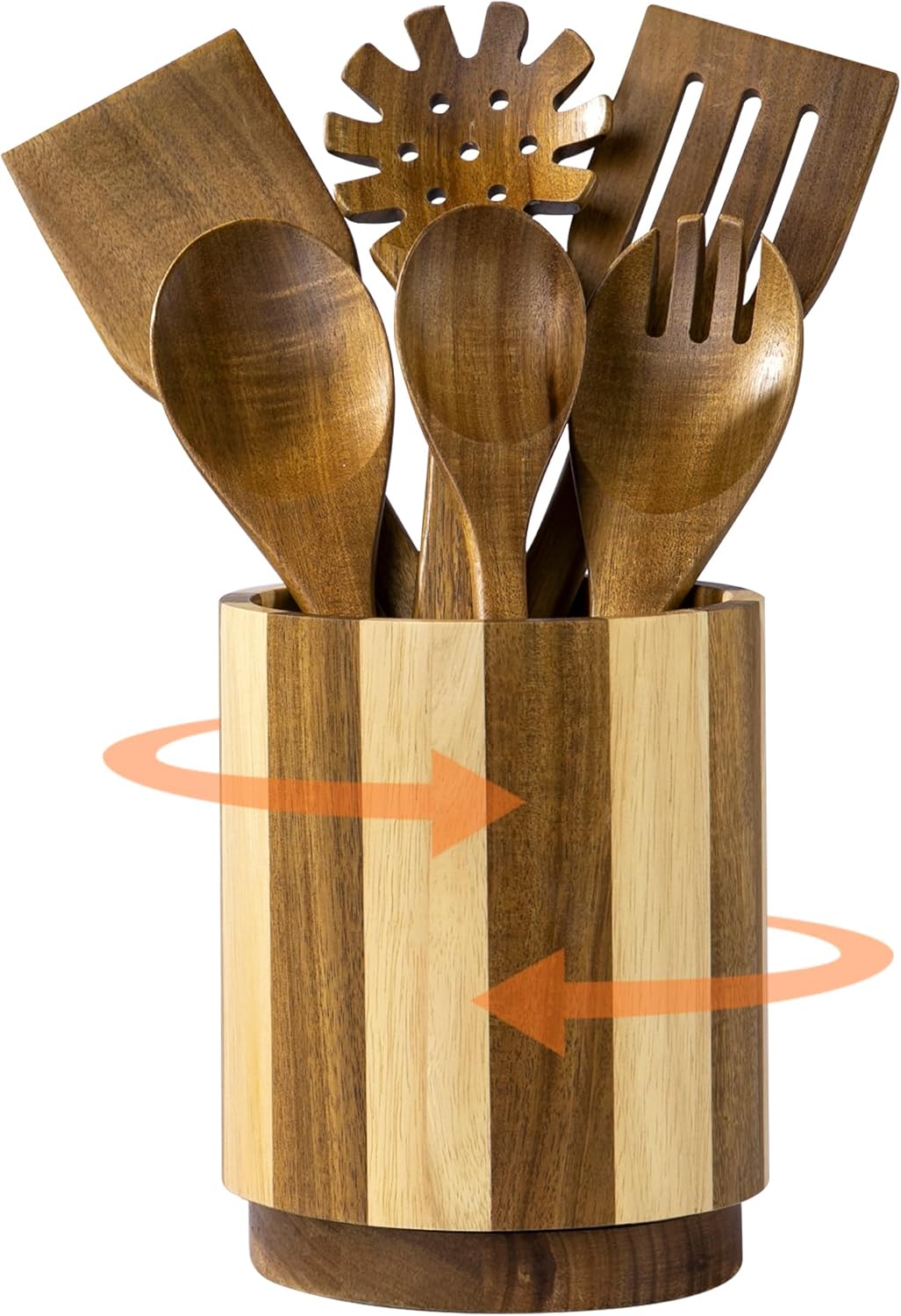 Wooden Utensil Holder, 360°Rotating Checkered Kitchen Utensil Holder | 7.2" Acacia Wood Utensil Holder for Countertop, Non-Slip Feet, Cooking Spatula Holder, Checkered Kitchen Decor, Gift Box
