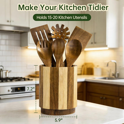 Wooden Utensil Holder, 360°Rotating Checkered Kitchen Utensil Holder | 7.2" Acacia Wood Utensil Holder for Countertop, Non-Slip Feet, Cooking Spatula Holder, Checkered Kitchen Decor, Gift Box