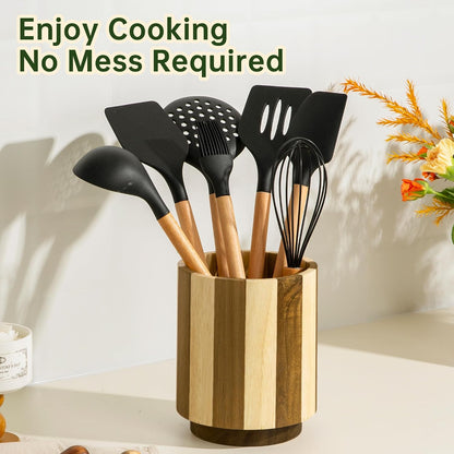 Wooden Utensil Holder, 360°Rotating Checkered Kitchen Utensil Holder | 7.2" Acacia Wood Utensil Holder for Countertop, Non-Slip Feet, Cooking Spatula Holder, Checkered Kitchen Decor, Gift Box