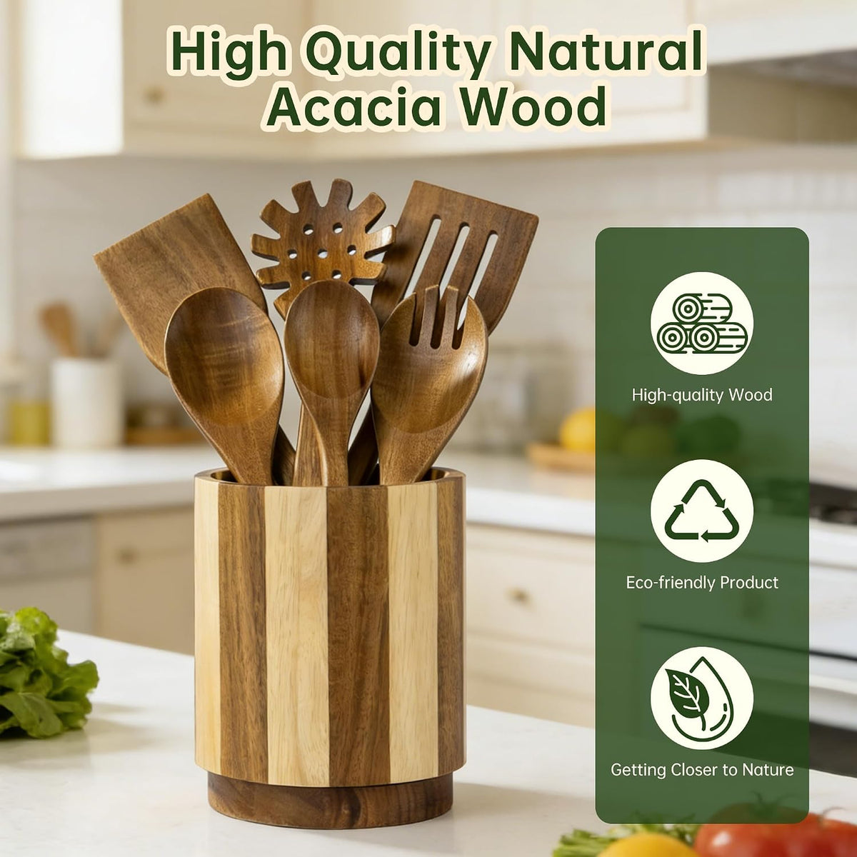 Wooden Utensil Holder, 360°Rotating Checkered Kitchen Utensil Holder | 7.2" Acacia Wood Utensil Holder for Countertop, Non-Slip Feet, Cooking Spatula Holder, Checkered Kitchen Decor, Gift Box