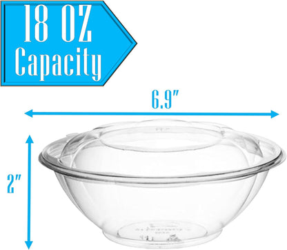 Clear 18 Ounce Plastic Salad Bowls with Snap-On Lids. Pack 50. Airtight Disposable Salad Containers for Lunch, Meal Prep, Parties. Ideal as Disposable Salad Bowls with Lids