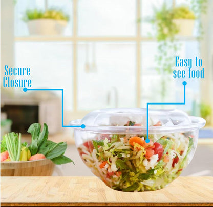 Clear 18 Ounce Plastic Salad Bowls with Snap-On Lids. Pack 50. Airtight Disposable Salad Containers for Lunch, Meal Prep, Parties. Ideal as Disposable Salad Bowls with Lids