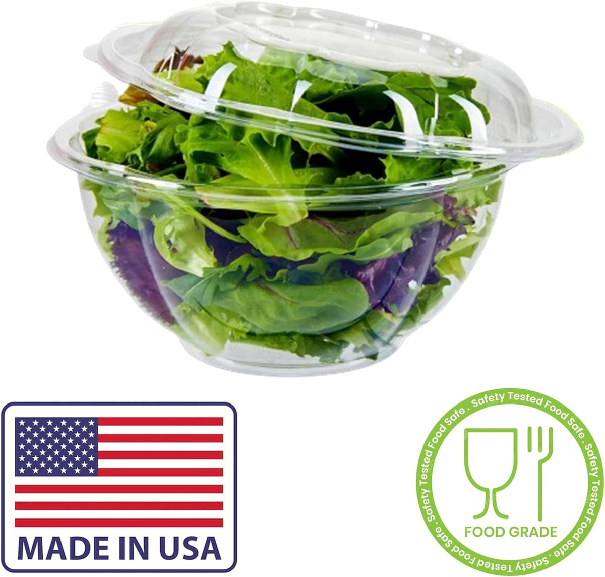 Clear 18 Ounce Plastic Salad Bowls with Snap-On Lids. Pack 50. Airtight Disposable Salad Containers for Lunch, Meal Prep, Parties. Ideal as Disposable Salad Bowls with Lids