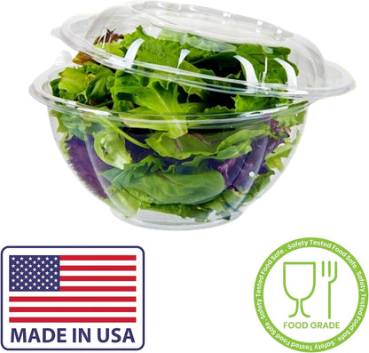 Clear 18 Ounce Plastic Salad Bowls with Snap-On Lids. Pack 50. Airtight Disposable Salad Containers for Lunch, Meal Prep, Parties. Ideal as Disposable Salad Bowls with Lids