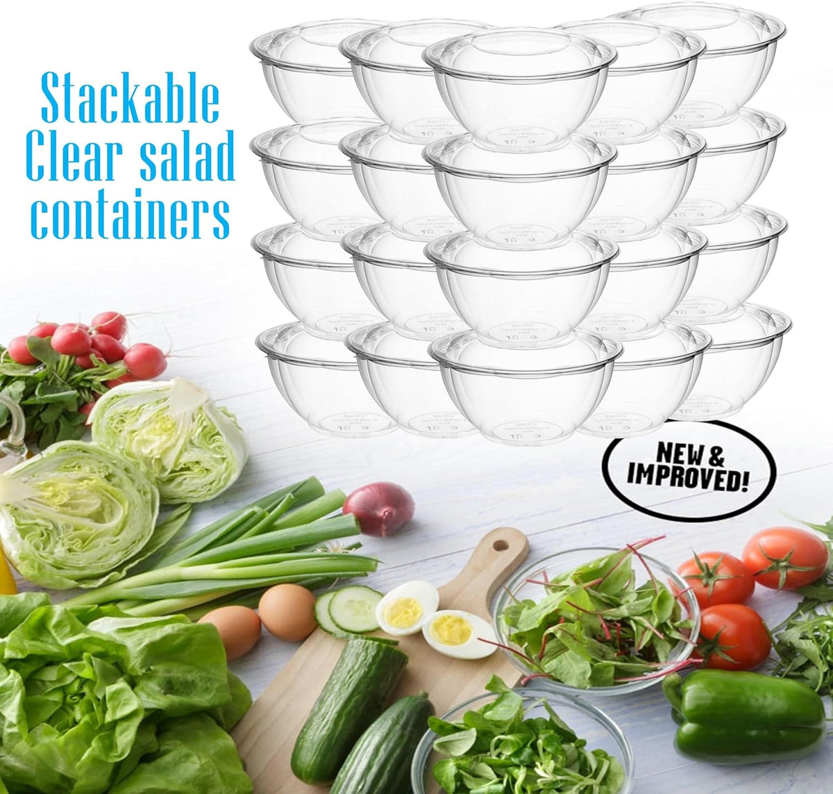 Clear 18 Ounce Plastic Salad Bowls with Snap-On Lids. Pack 50. Airtight Disposable Salad Containers for Lunch, Meal Prep, Parties. Ideal as Disposable Salad Bowls with Lids