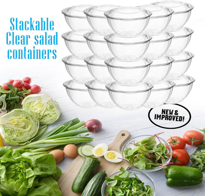 Clear 18 Ounce Plastic Salad Bowls with Snap-On Lids. Pack 50. Airtight Disposable Salad Containers for Lunch, Meal Prep, Parties. Ideal as Disposable Salad Bowls with Lids