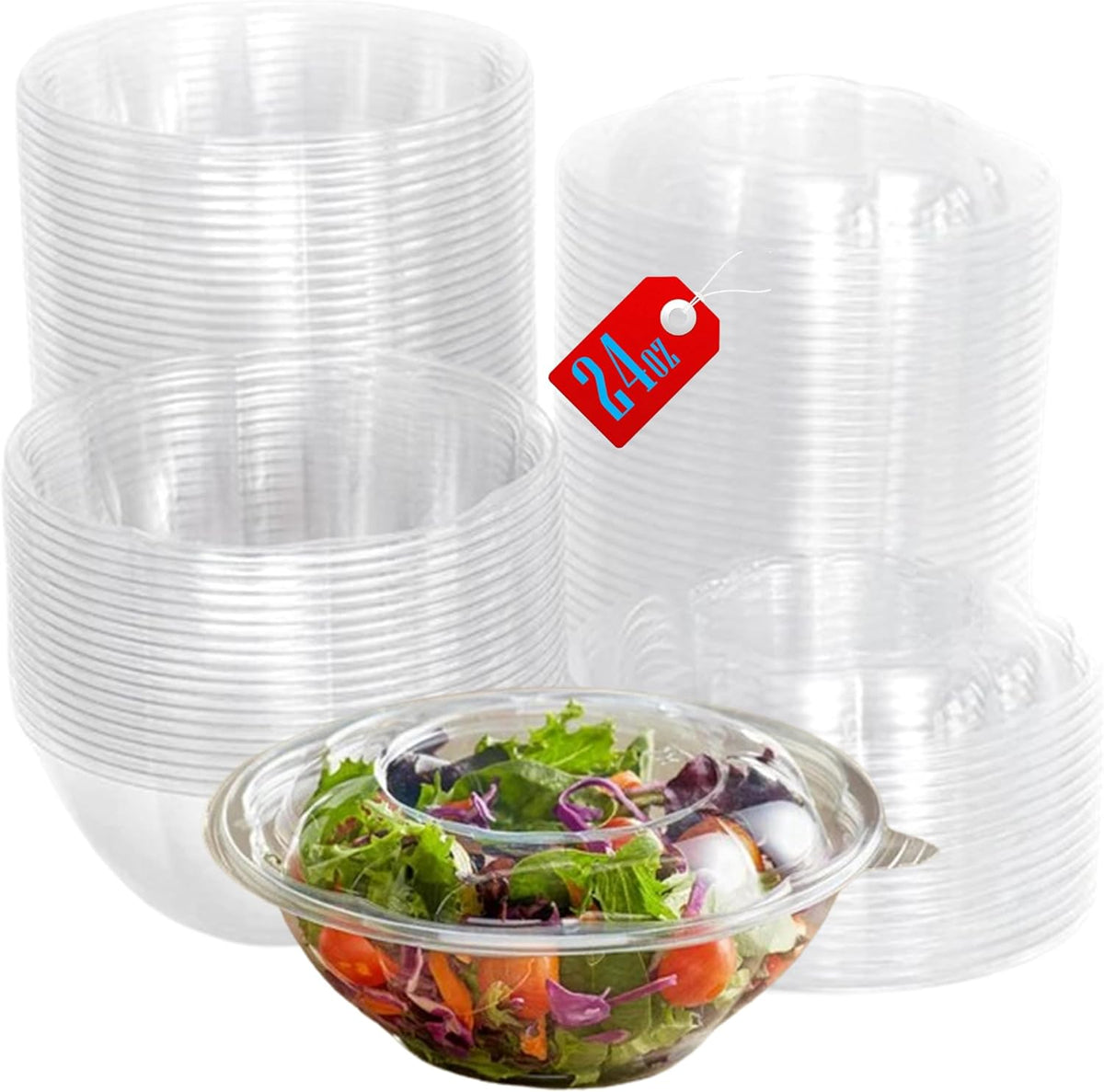 Clear 18 Ounce Plastic Salad Bowls with Snap-On Lids. Pack 50. Airtight Disposable Salad Containers for Lunch, Meal Prep, Parties. Ideal as Disposable Salad Bowls with Lids