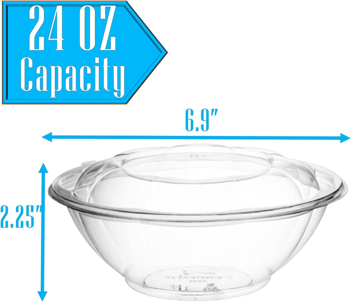 Clear 18 Ounce Plastic Salad Bowls with Snap-On Lids. Pack 50. Airtight Disposable Salad Containers for Lunch, Meal Prep, Parties. Ideal as Disposable Salad Bowls with Lids