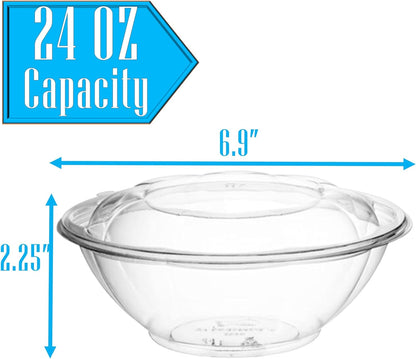 Clear 18 Ounce Plastic Salad Bowls with Snap-On Lids. Pack 50. Airtight Disposable Salad Containers for Lunch, Meal Prep, Parties. Ideal as Disposable Salad Bowls with Lids