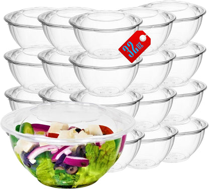 Clear 18 Ounce Plastic Salad Bowls with Snap-On Lids. Pack 50. Airtight Disposable Salad Containers for Lunch, Meal Prep, Parties. Ideal as Disposable Salad Bowls with Lids