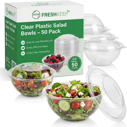 Clear 18 Ounce Plastic Salad Bowls with Snap-On Lids. Pack 50. Airtight Disposable Salad Containers for Lunch, Meal Prep, Parties. Ideal as Disposable Salad Bowls with Lids