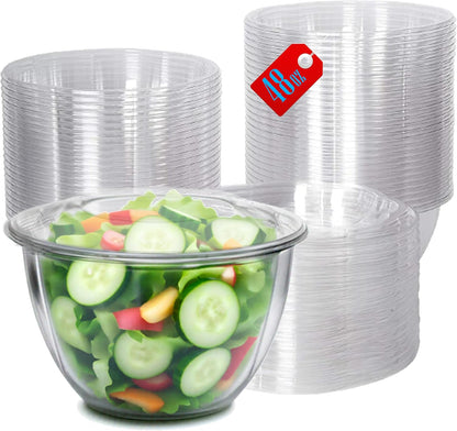 Clear 18 Ounce Plastic Salad Bowls with Snap-On Lids. Pack 50. Airtight Disposable Salad Containers for Lunch, Meal Prep, Parties. Ideal as Disposable Salad Bowls with Lids
