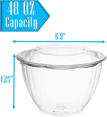 Clear 18 Ounce Plastic Salad Bowls with Snap-On Lids. Pack 50. Airtight Disposable Salad Containers for Lunch, Meal Prep, Parties. Ideal as Disposable Salad Bowls with Lids