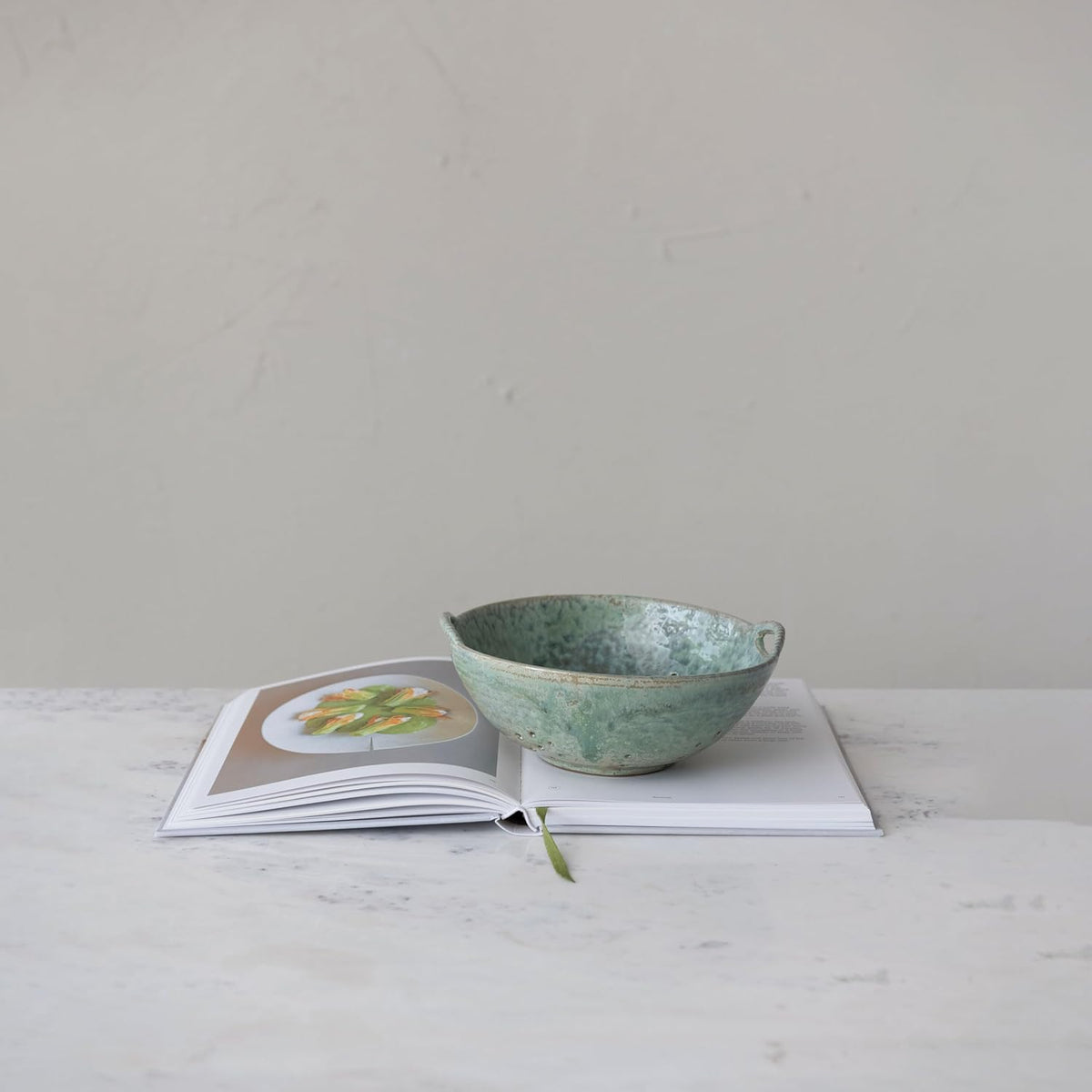 Stoneware Berry Bowl with Handles, Aqua Reactive Glaze