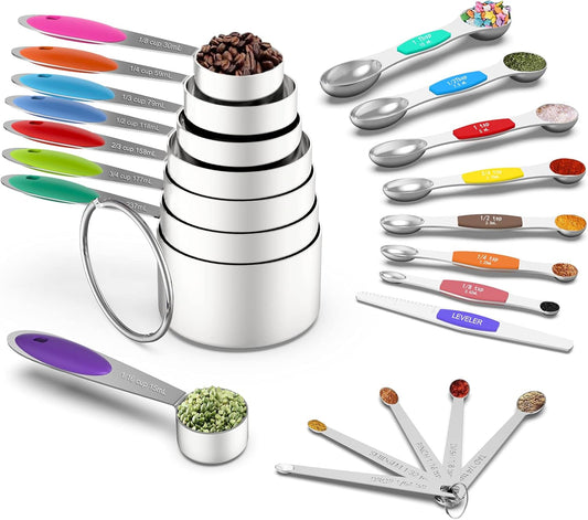 Measuring Cups and Magnetic Measuring Spoons Set, 21Pcs | 8 Stainless Measuring Cups, 7 Magnetic Measuring Spoons, Leveler & 5 Mini Spoons for Spice Jar and Liquid, Multicolor