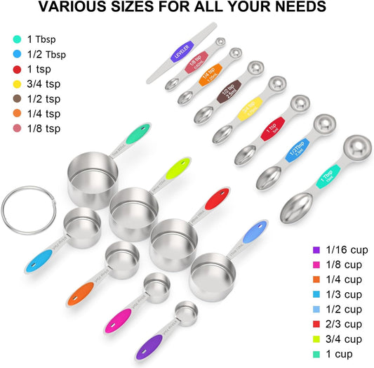 Measuring Cups and Magnetic Measuring Spoons Set, 21Pcs | 8 Stainless Measuring Cups, 7 Magnetic Measuring Spoons, Leveler & 5 Mini Spoons for Spice Jar and Liquid, Multicolor